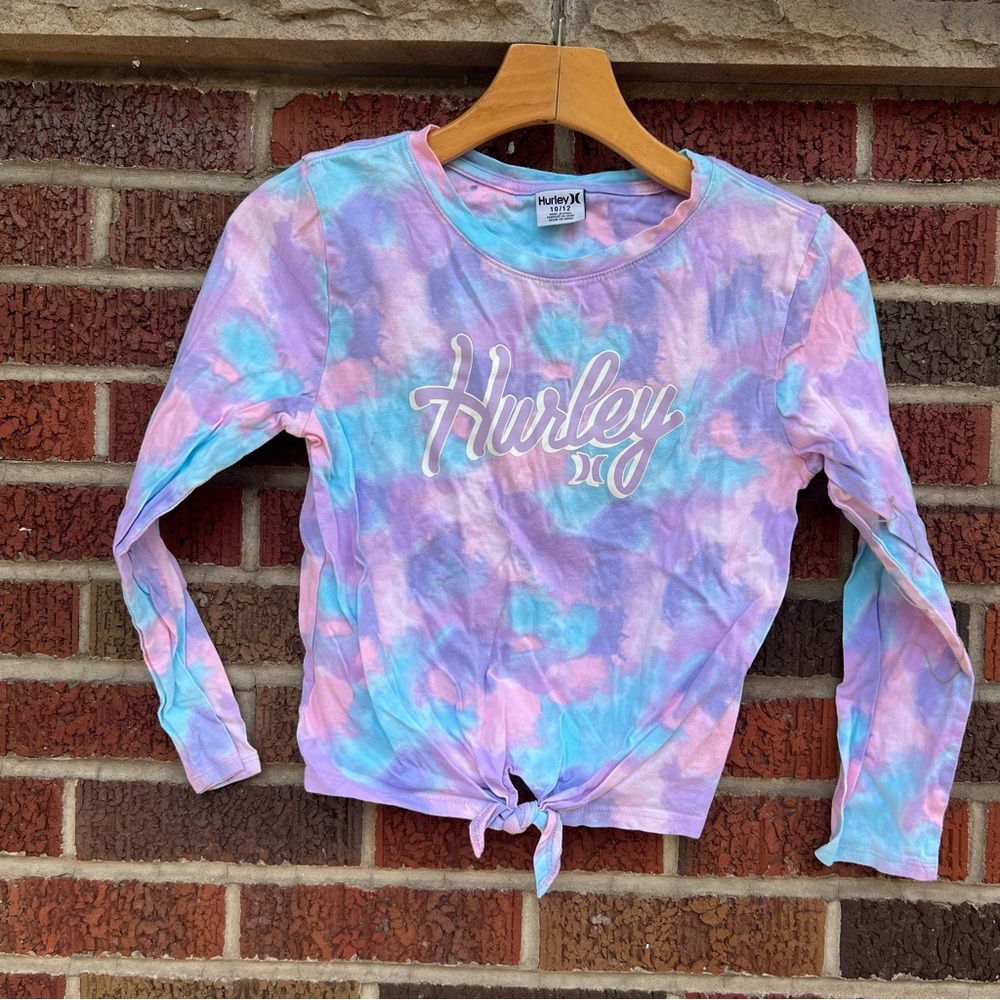 Hurley Pink and Blue Tie Dye Front Knotted Long Sleeve Shirt Top